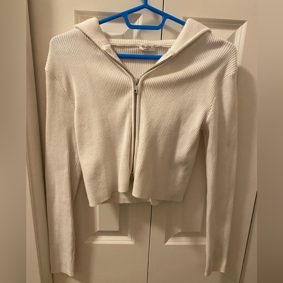 Brandy Melville Arden Hooded Zip-Up Jacket White Ribbed - Picture 1 of 2